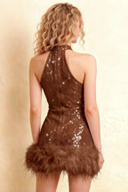 Mid-length back view image of Christine brown sequin dress showcasing feather trim and elegant back design for evening events.