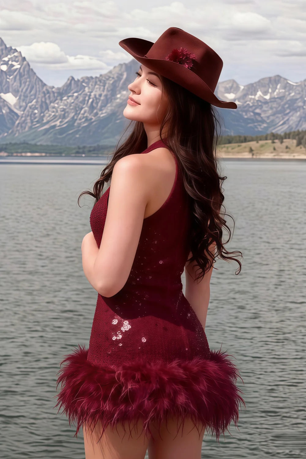 Plus size model wearing Christine burgundy sequin feather trim dress at mountain lake, bohemian style semi-formal or bridesmaid party outfit.