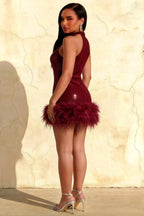 Side view of plus size Christine burgundy sequin feather trim dress, highlighting flattering fit for semi-formal occasions or bridesmaid wear.