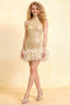 Christine champagne sequin high neck sleeveless mini dress with feather trim, front view studio shot for homecoming or semi-formal events.