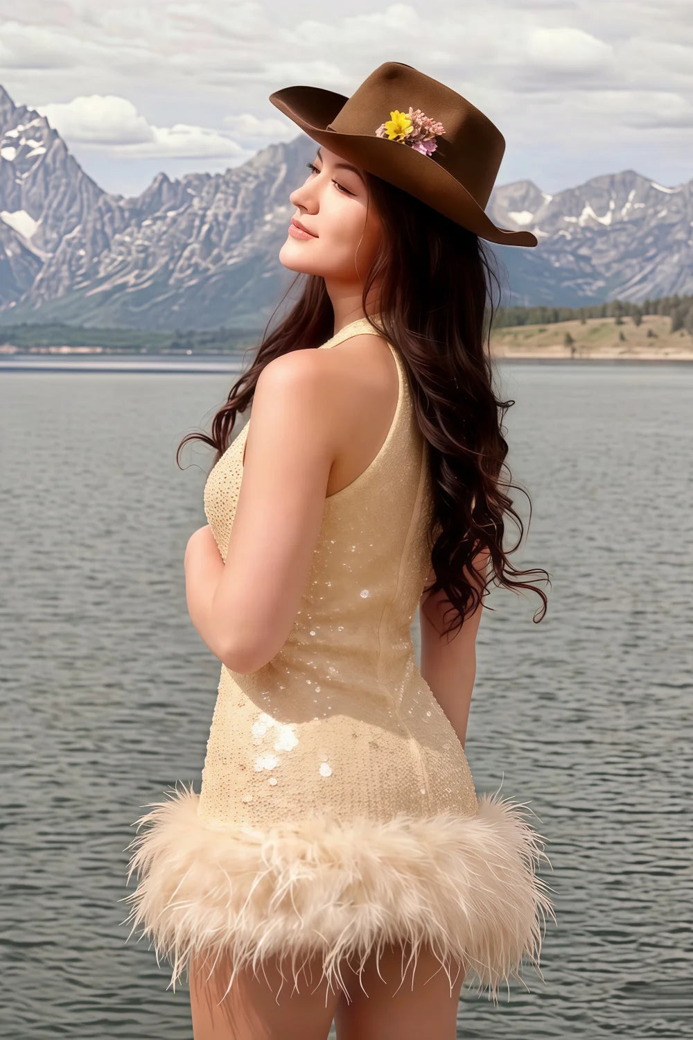 Plus size woman in Christine champagne sequin dress with feather trim, back view standing by lake for vacation or photoshoot.