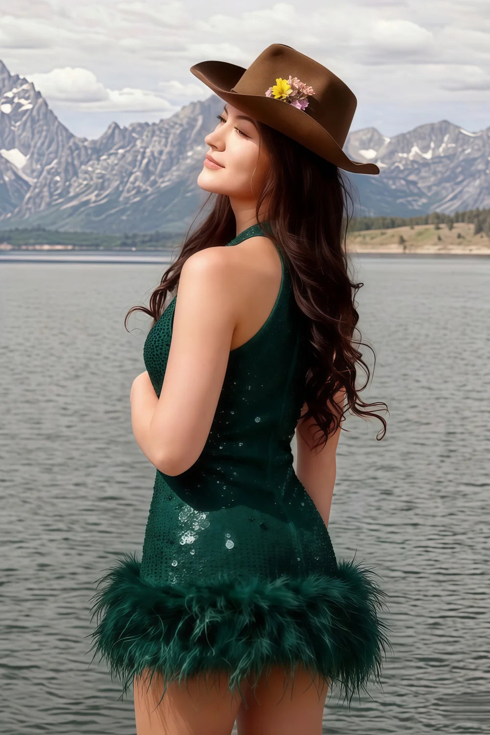 Plus size model wearing Christine sequin dress with cowboy hat, outdoor mountain scenery, showcasing fit for plus size women, casual party or music festival style.