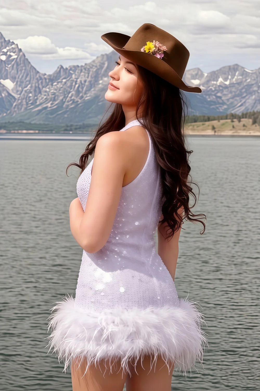Model wearing Christine lavender sequin dress with cowboy hat by the lake and mountains, stylish casual chic outfit for special occasion