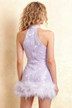 Rear view of Christine lavender sequin dress highlighting feather hem detail, sleeveless sequined mini dress for cocktail event