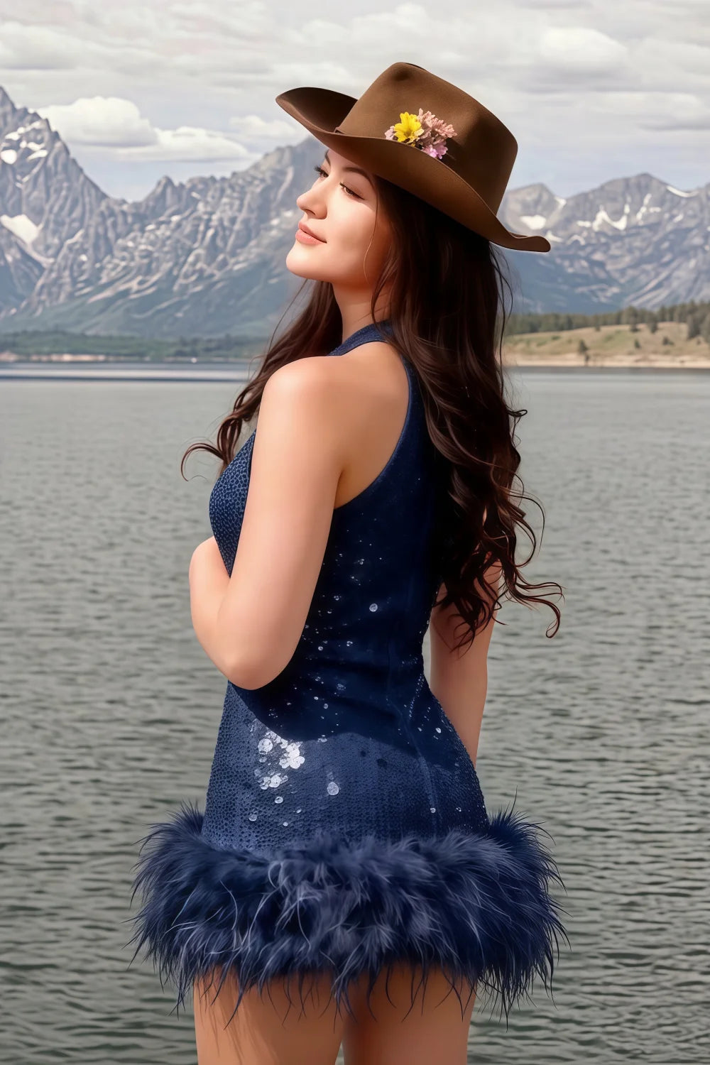 Real customer wearing Christine navy blue sequin feather dress in outdoor mountain setting, stylish summer event outfit, showcasing versatility for travel and special occasions.