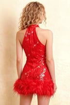 Christine red sequin dress back close-up, high neck sleeveless mini with feather trim, detailed back zipper and fabric texture