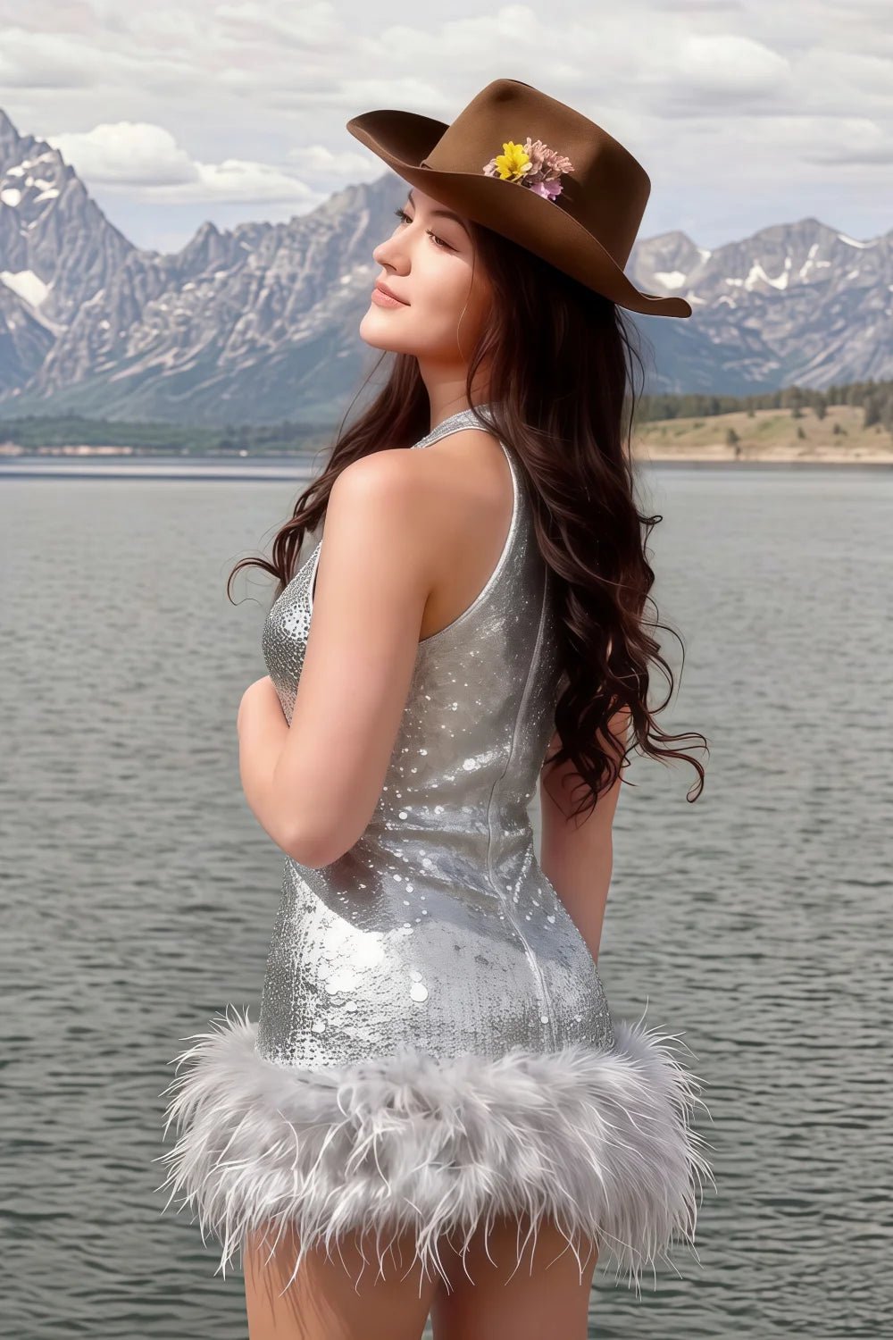 Client wearing Christine silver sequin feather trim dress at mountain lake, bohemian style with hat, showcasing versatility for outdoor adventure or prom.