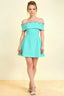 Christy aqua off the shoulder rhinestones mini dress in crepe fabric for homecoming and semi-formal events, front view.