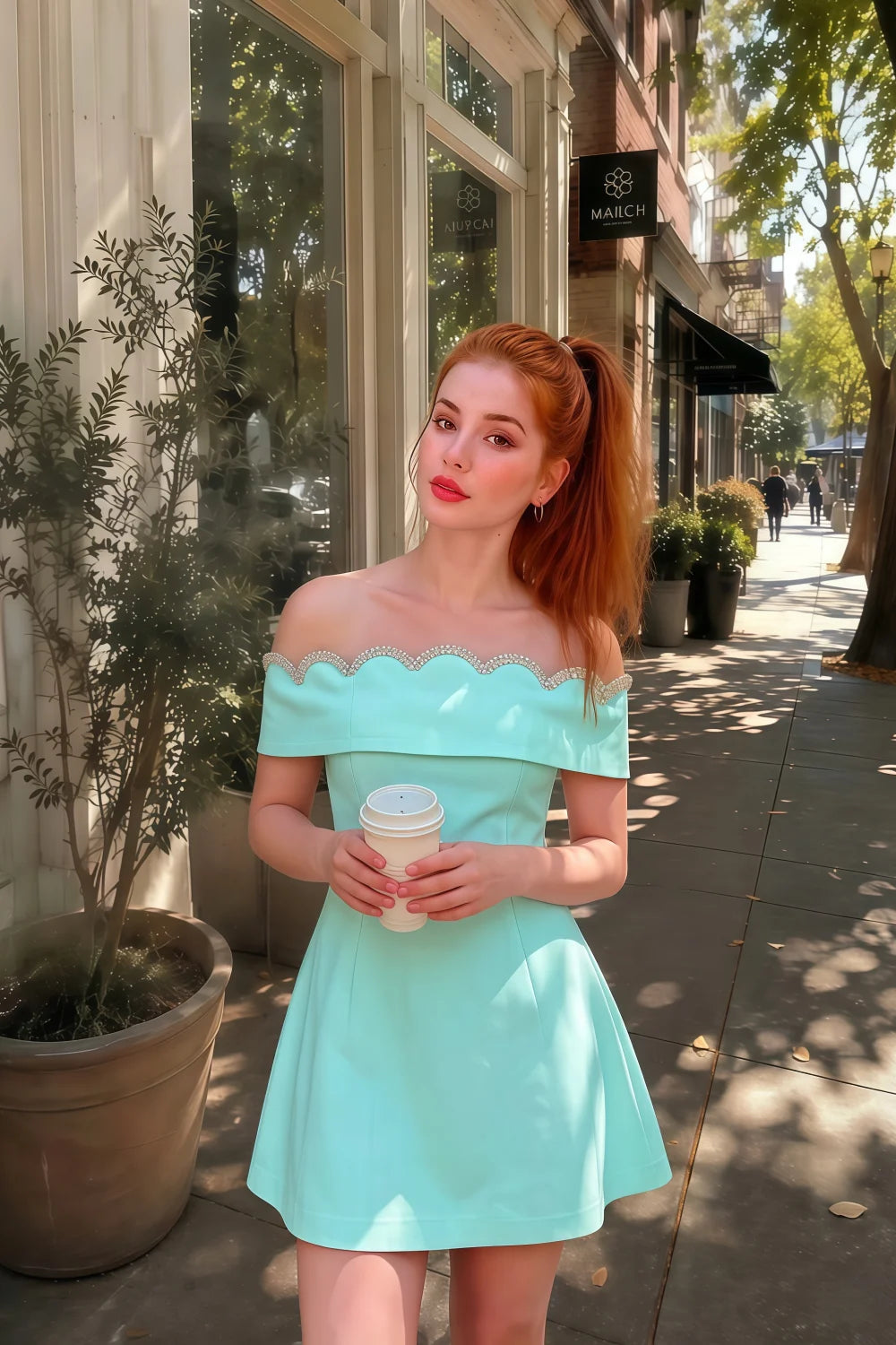 Customer photo of the Christy aqua off the shoulder dress worn to a casual coffee date, showcasing the fit and flare silhouette.