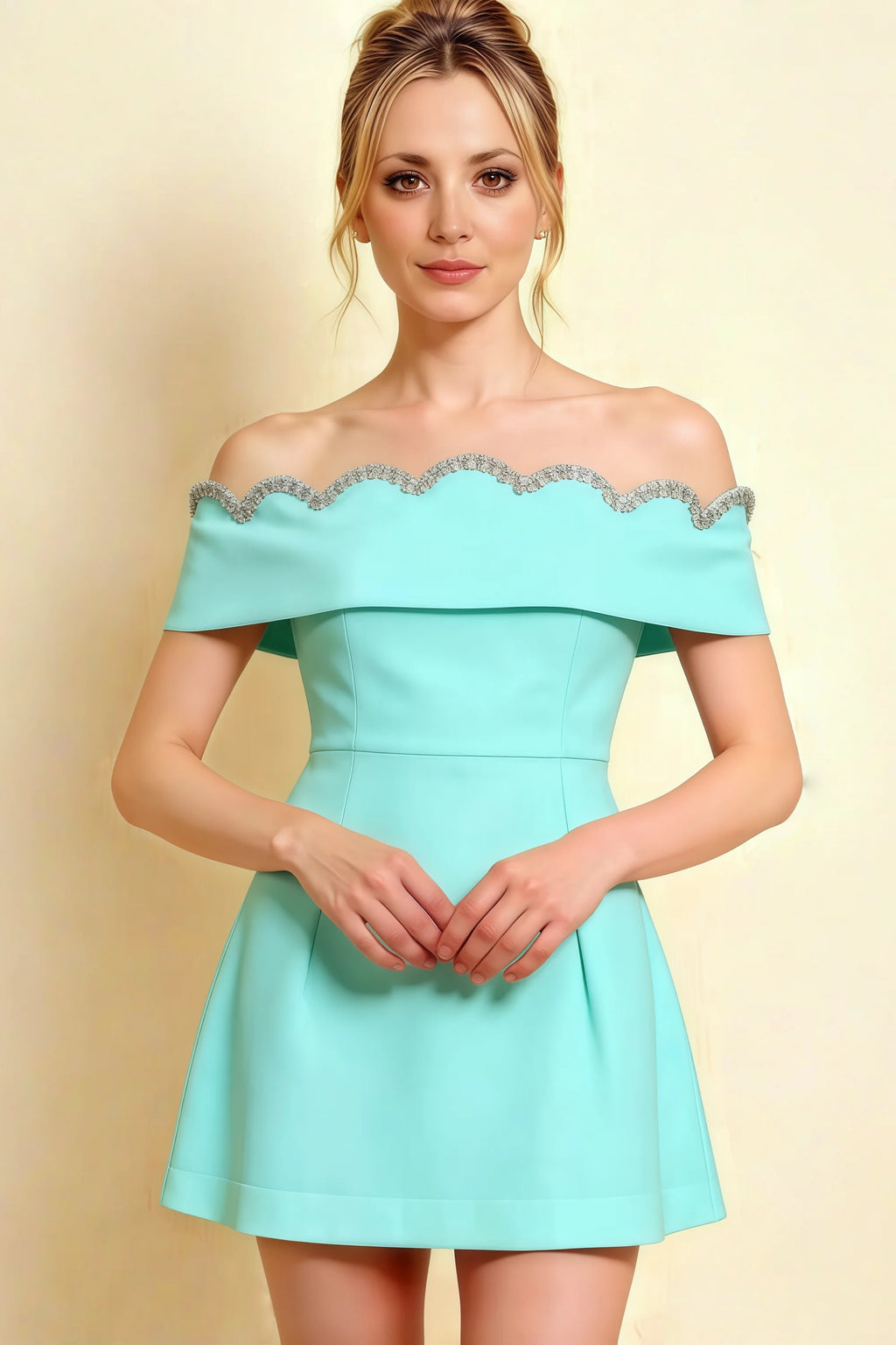 Close-up front view of Christy aqua off the shoulder dress, detailed look at the scallop rhinestone trim and high neckline for bridesmaid parties.