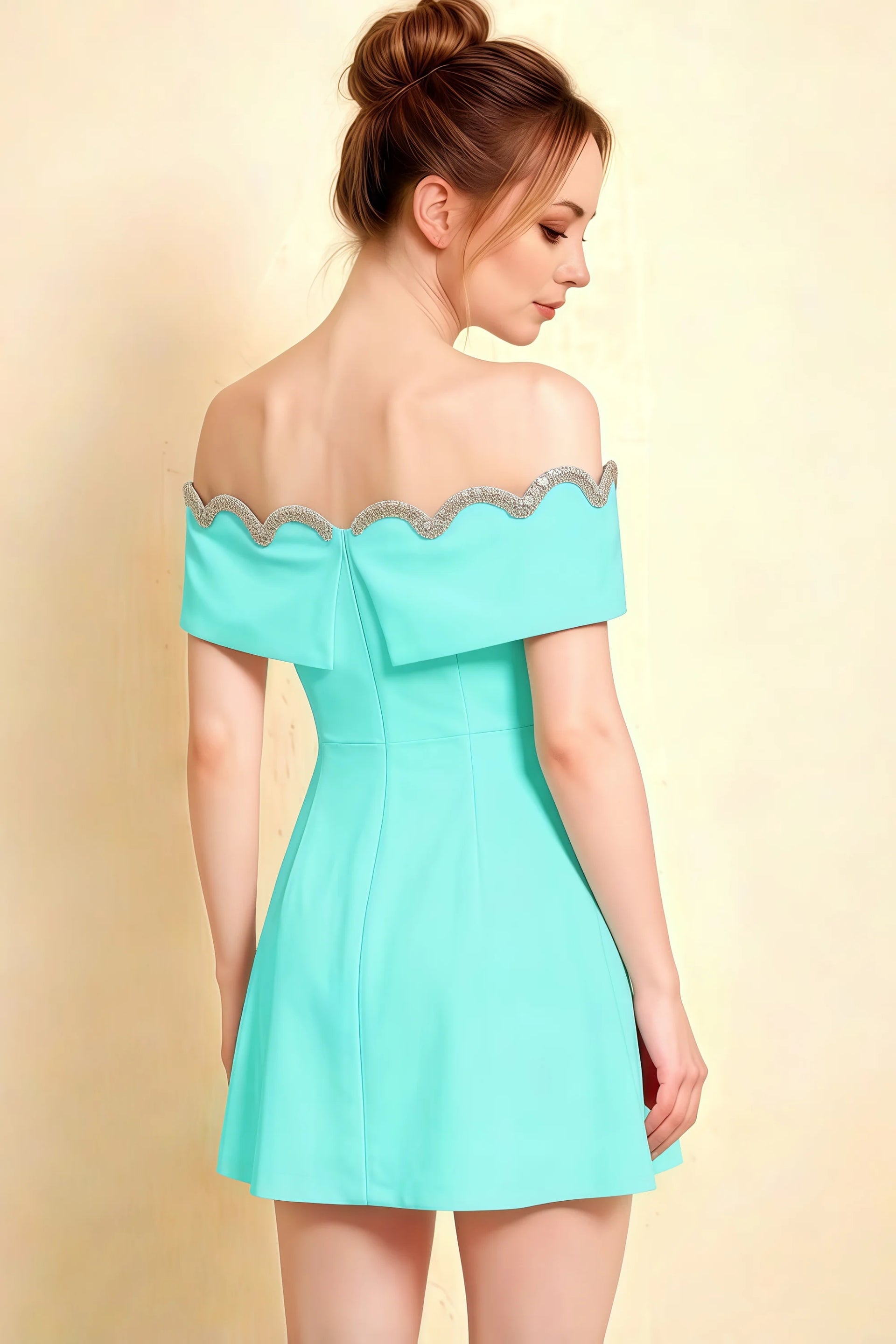 Side profile of Christy aqua crepe dress showing the zipper closure and elegant draping, ideal for semi-formal occasions.