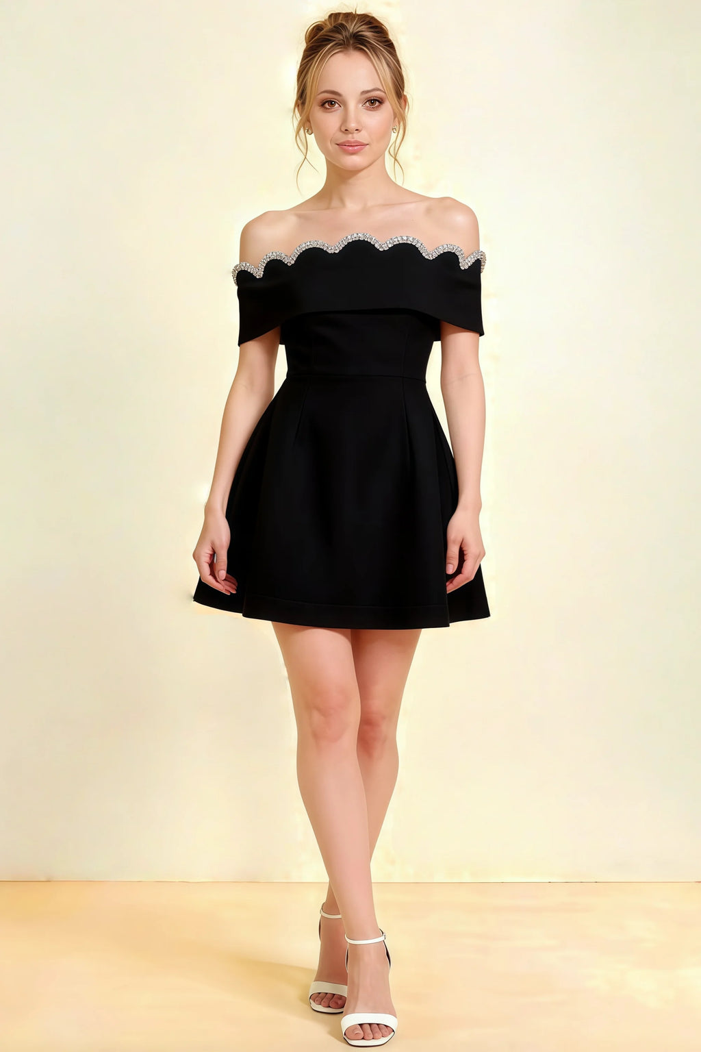 Christy black off the shoulder rhinestones mini dress in crepe fabric for semi-formal parties and homecoming events.