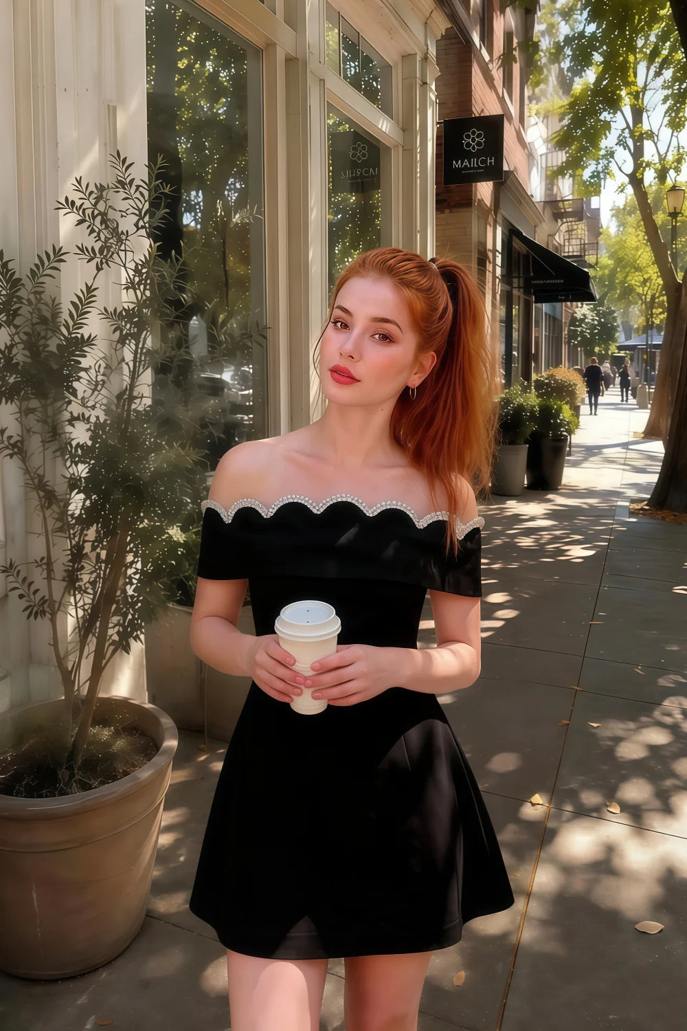 Customer photo of the Christy black off the shoulder dress styled for a casual chic coffee run in the city.