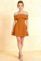 Christy Burnt Orange Off - the - Shoulder Rhinestone Mini Dress in Crepe, Form - Fitting Bodice & Flared Skirt for Homecoming/Prom
