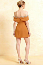 Back View of Christy Burnt Orange Crepe Off - Shoulder Dress with Rhinestone Scallop Neckline & Bow Detail, Semi - Formal Event Ready
