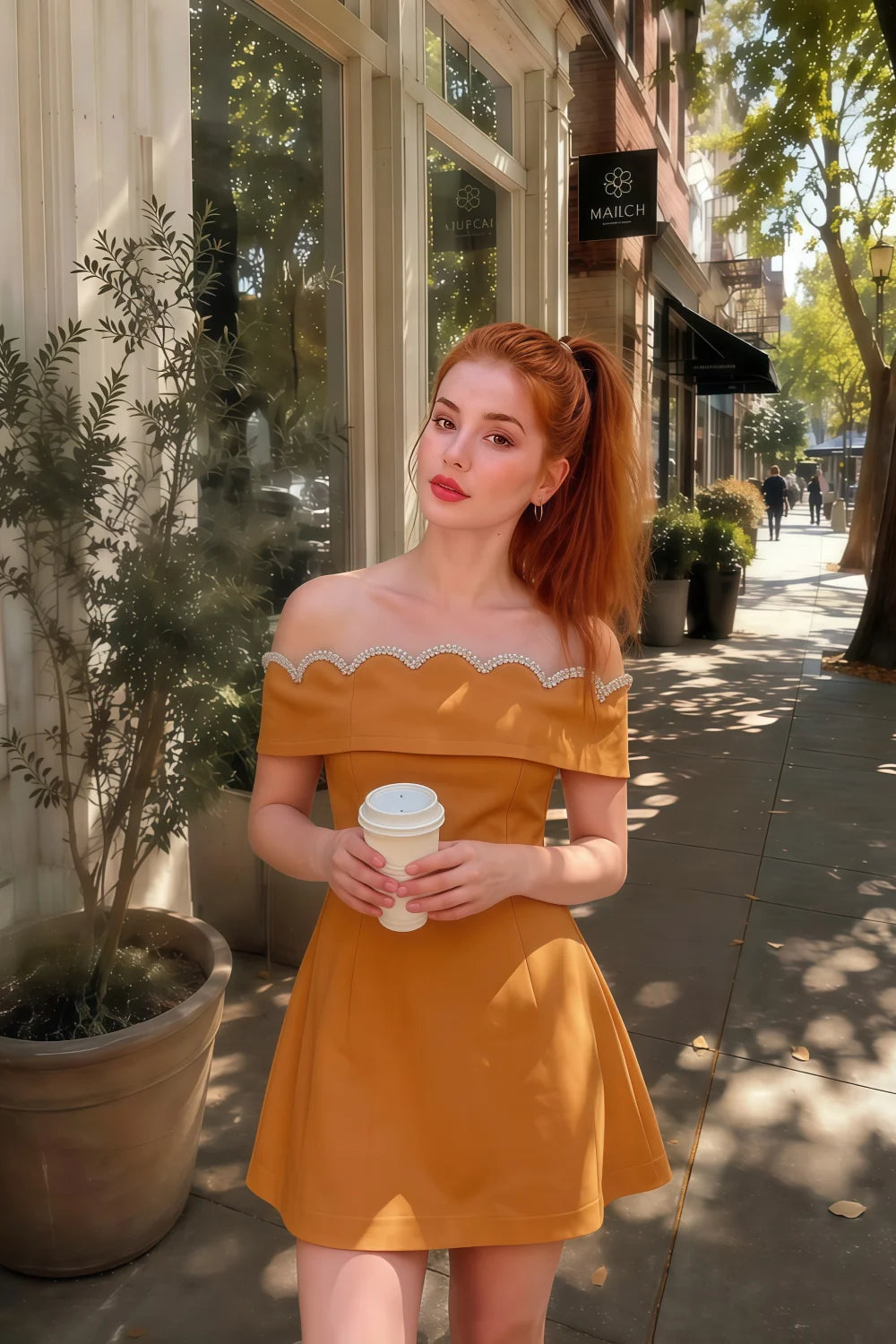 Real Customer in Christy Burnt Orange Off - Shoulder Rhinestone Mini Dress, Casual Street Style with Coffee, Burnt Orange Crepe Fabric
