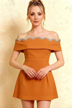 Close - Up Front of Christy Burnt Orange Off - Shoulder Rhinestone Mini Dress, Flattering Off - Shoulder Design for Bridesmaid Party