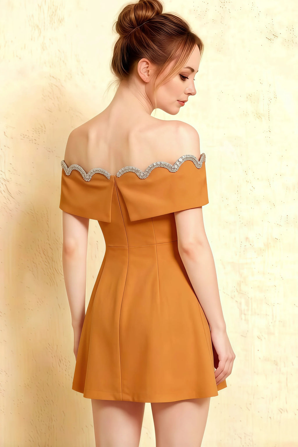 Back Detail of Christy Burnt Orange Crepe Dress, Rhinestone Scalloped Neckline & Bow Accent, Elegant Semi - Formal Look