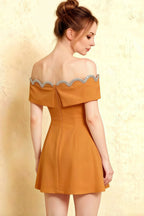 Back Detail of Christy Burnt Orange Crepe Dress, Rhinestone Scalloped Neckline & Bow Accent, Elegant Semi - Formal Look