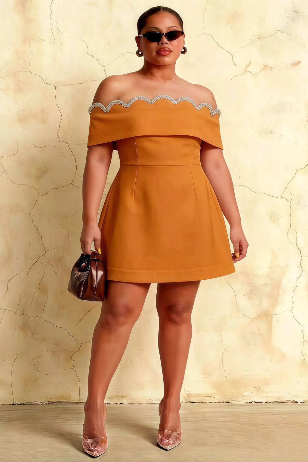 Plus Size Model in Christy Burnt Orange Off - Shoulder Rhinestone Mini Dress, Inclusive Sizing for Prom/Bridesmaid Party