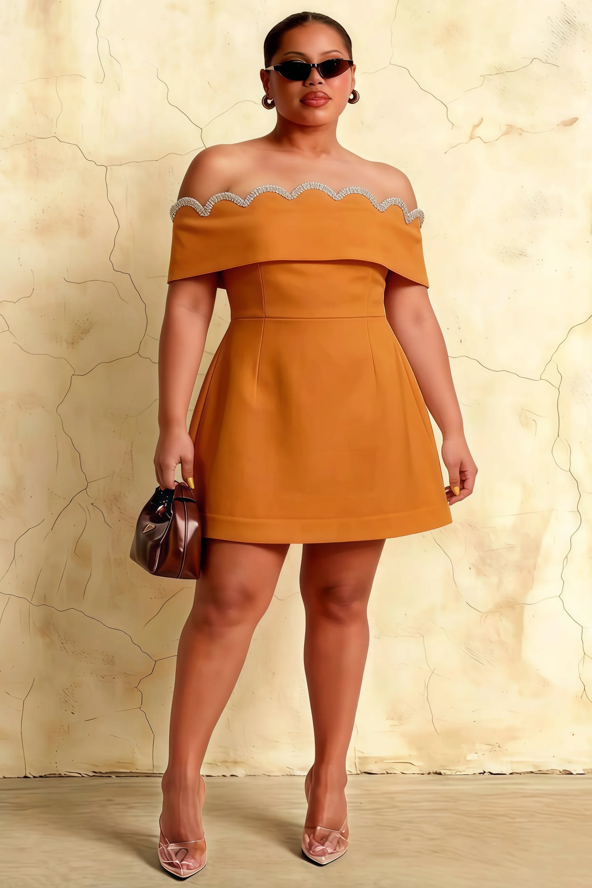 Plus Size Model in Christy Burnt Orange Off - Shoulder Rhinestone Mini Dress, Inclusive Sizing for Prom/Bridesmaid Party