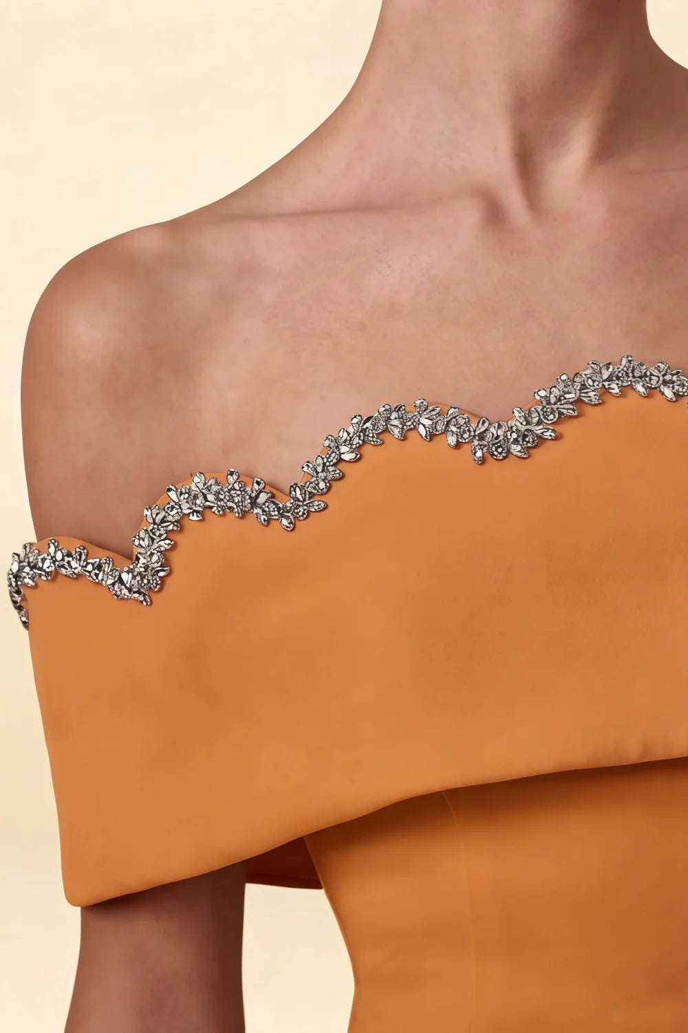 Rhinestone Scallop Neckline of Christy Burnt Orange Off - Shoulder Dress, Crepe Fabric Detail for Luxury Look