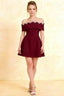 Christy Burgundy Off The Shoulder Rhinestones Mini Dress in Crepe - Elegant homecoming or cocktail party style with a scalloped neckline.