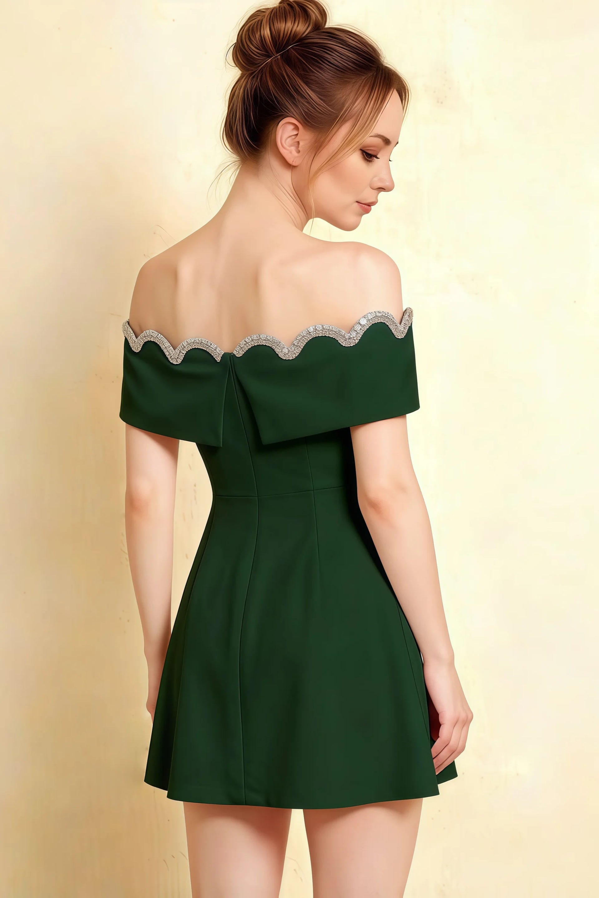 Side profile of Christy dark green semi-formal dress highlighting the flared A-line silhouette and decorative back bow.