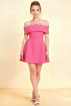 Christy Hot Pink Crepe Off - the - Shoulder Rhinestones Mini Dress for Homecoming, Front View Model Wearing