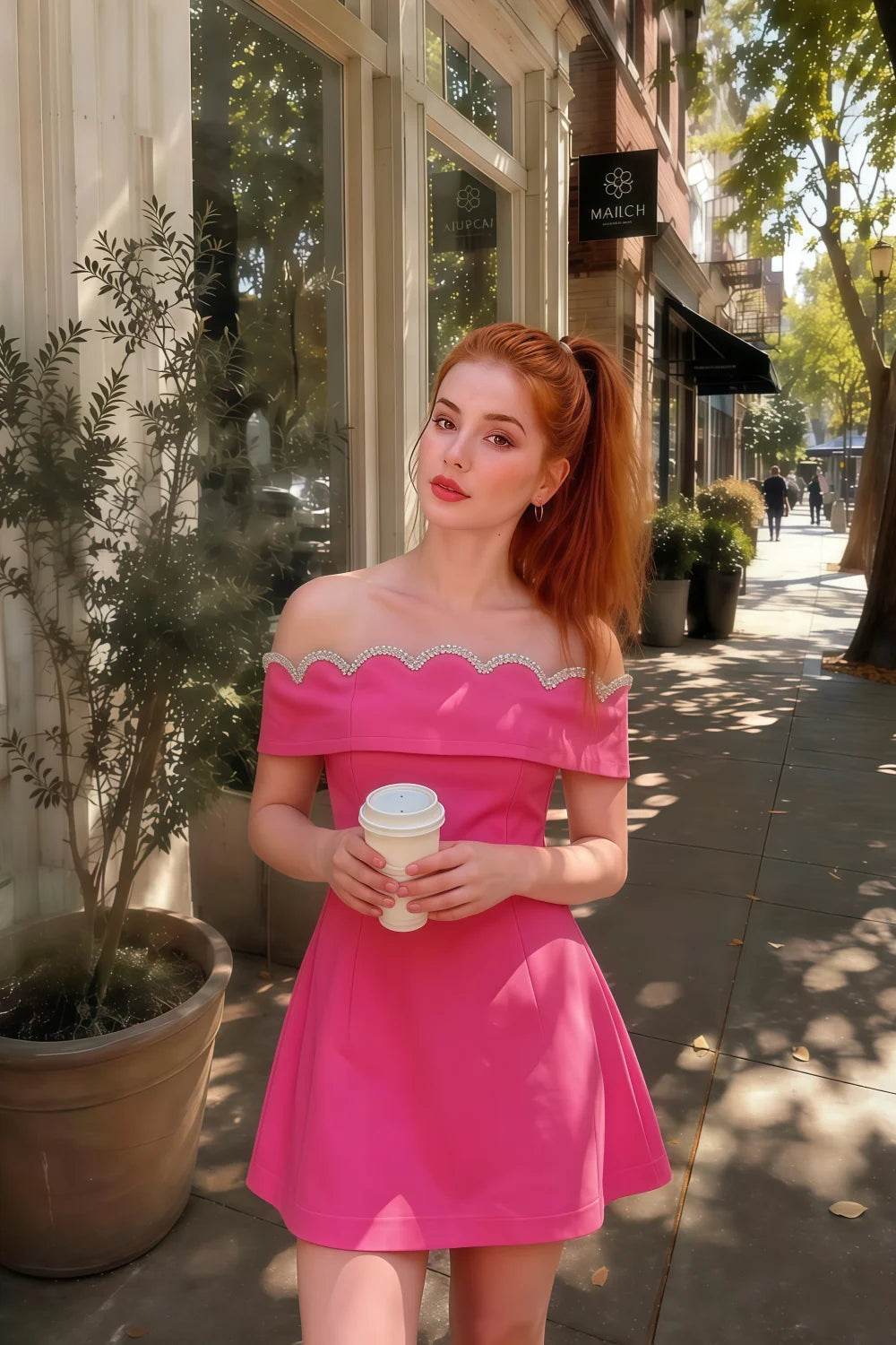 Customer Photo: Christy Hot Pink Crepe Off - the - Shoulder Rhinestones Mini Dress in Street Style, Casual Chic Look