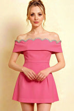 Christy Hot Pink Crepe Off - the - Shoulder Rhinestones Mini Dress Close - up Front, Bridesmaid Party Ready