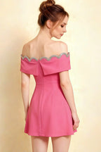 Christy Hot Pink Crepe Off - the - Shoulder Rhinestones Mini Dress Back Detail, Semi - Formal Event Styling