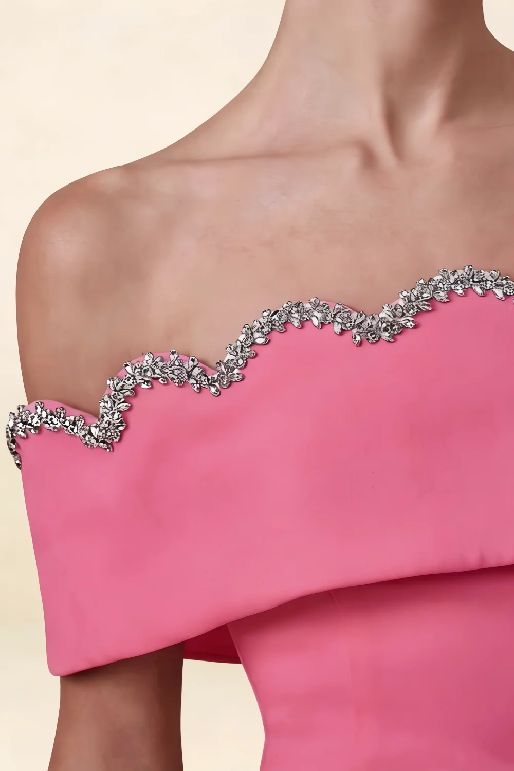 Christy Hot Pink Crepe Off - the - Shoulder Rhinestones Mini Dress Neckline Detail, Premium Craftsmanship