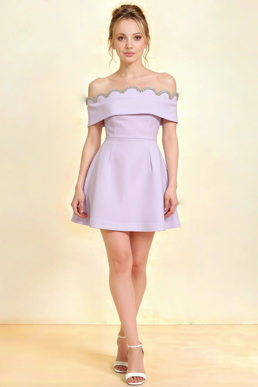 Christy lavender off the shoulder rhinestones mini dress in crepe, perfect for homecoming or semi-formal events, featuring a scalloped neckline and flared skirt.