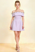 Christy lavender off the shoulder rhinestones mini dress in crepe, perfect for homecoming or semi-formal events, featuring a scalloped neckline and flared skirt.