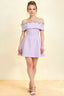 Christy lavender off the shoulder rhinestones mini dress in crepe, perfect for homecoming or semi-formal events, featuring a scalloped neckline and flared skirt.