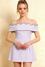 Close-up front view of the Christy lavender rhinestone mini dress, emphasizing the sweetheart neckline and high waist detail.