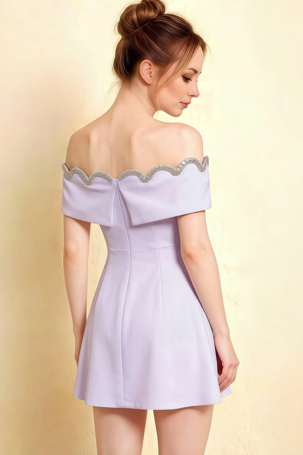 Elegant back shot of the Christy lavender off the shoulder dress, displaying the zipper closure and delicate rhinestone border.