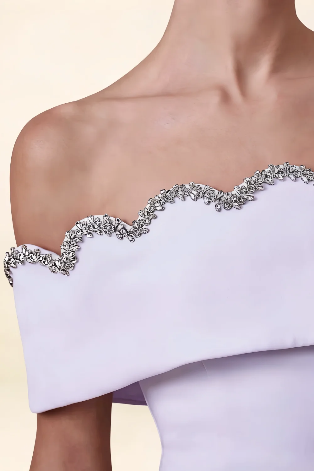 Detailed macro shot of the scalloped lace and rhinestone trim on the Christy lavender dress, highlighting intricate craftsmanship.