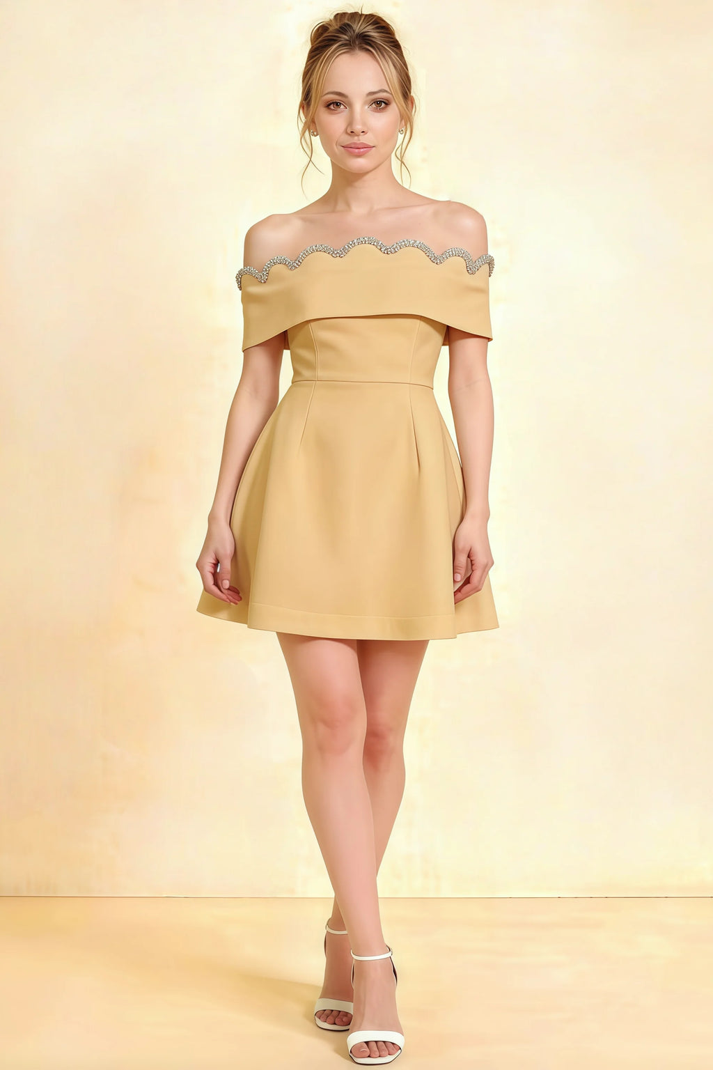 Yellow off-the-shoulder Christy dress with rhinestone波浪 trim, high-waisted flared mini skirt for semi-formal events, elegant studio shot.
