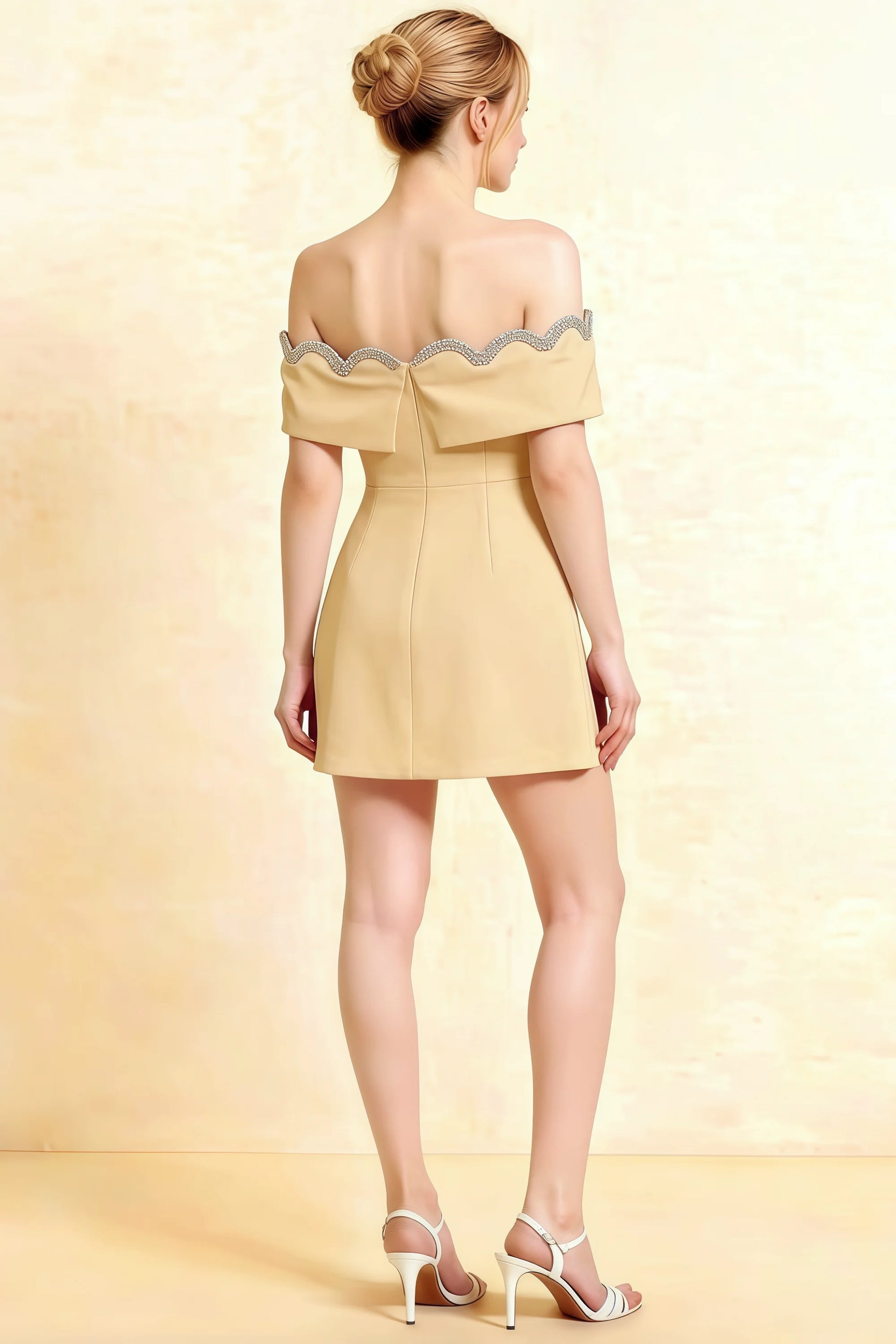 Back view of Lemon crepe Christy mini dress, elastic high neckline, open back design, flowy A-line silhouette for prom.