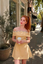 Customer photo of Christy lemon off-shoulder dress worn for coffee run, casual street style, summer outfit inspiration.