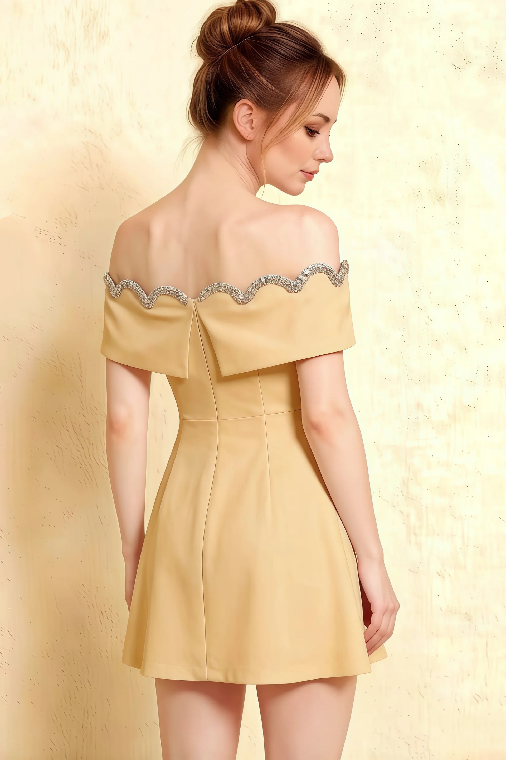 Side view of Lemon off-shoulder dress, draped neckline, gathered waist, mini length crepe fabric for evening events.