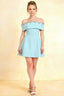 Christy light blue off the shoulder rhinestones mini dress in crepe for semi-formal events and homecoming, featuring a scalloped neckline.