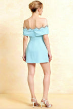 Back view of Christy light blue off the shoulder rhinestones mini dress showing back zipper and fitted waist.