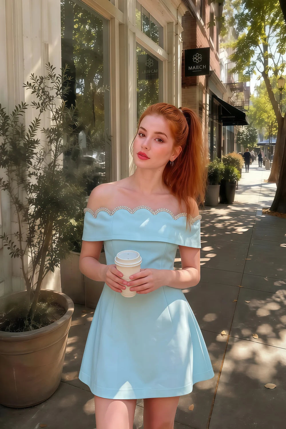 Customer photo of the Christy light blue off the shoulder rhinestones mini dress styled for a casual coffee run.