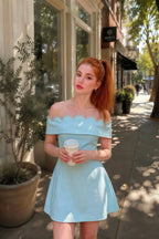 Customer photo of the Christy light blue off the shoulder rhinestones mini dress styled for a casual coffee run.