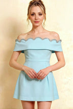 Close-up front view of the Christy light blue off the shoulder rhinestones mini dress highlighting the intricate beadwork.