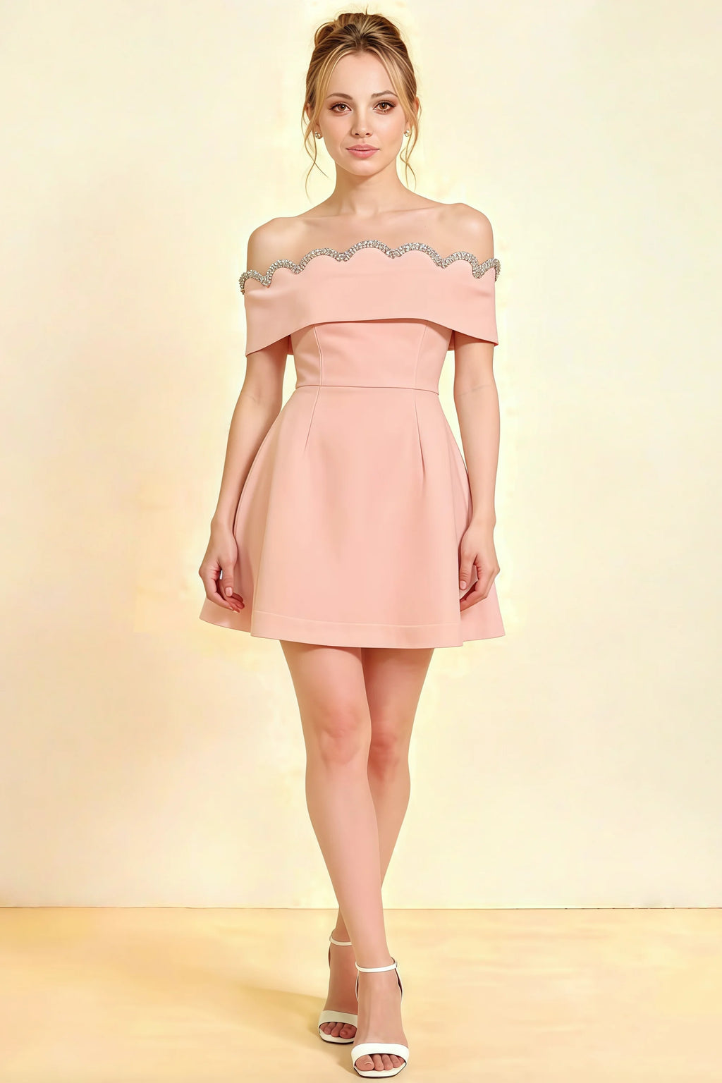 Christy Pink Off the Shoulder Rhinestones Mini Dress – Blush Crepe Homecoming Dress with Scalloped Beaded Neckline, Form-Fitting Bodice & Flared Skirt for Semi-Formal Events
