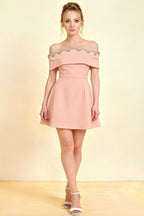 Christy Pink Off the Shoulder Rhinestones Mini Dress – Blush Crepe Homecoming Dress with Scalloped Beaded Neckline, Form-Fitting Bodice & Flared Skirt for Semi-Formal Events